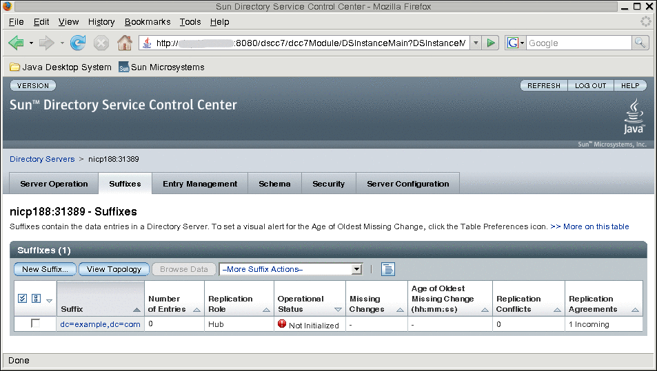 Illustration of the Suffixes tab in the Directory Service Control Center.