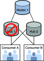 Illustration of a replication deployment in which hubs
1 and 2 provides updates to both consumers A and B.