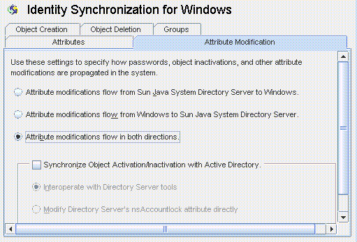 Specify how attribute and password changes will flow
between Sun and Windows systems, synchronize inactivations, and specify inactivation
methods.