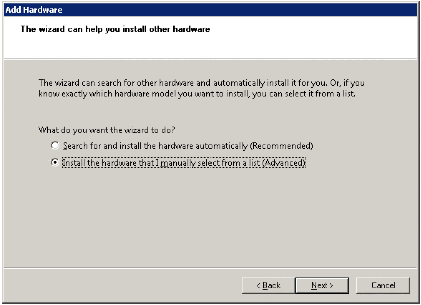Hardware Wizard window asking to search and install hardware automatically or install manually.