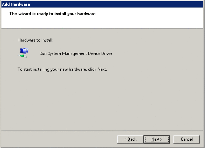 Hardware Wizard window asking to click Next to install new hardware driver.