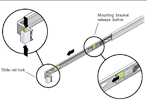 Graphic showing slide rail lock tabs being squeezed and mounting bracket extended from slide rail. Also showing mounting bracket release button on inner side of slide rail.