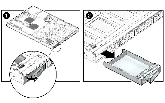 Figure showing removal of a removable disk drive filler panel from the server.