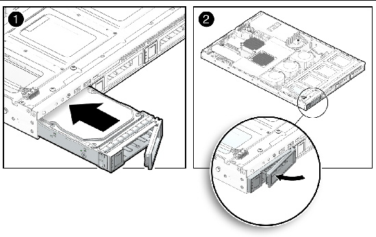 Figure showing installation of a removable disk drive into the server.