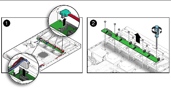 Figure showing removal of the disk drive backplane assembly.