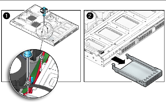 Figure showing removal of a fixed disk drive filler panel from the server.