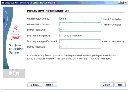 Example screen capture of the installer's Directory Server: Administration (1 of 5) page.