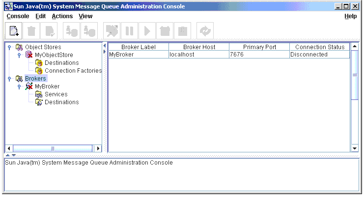 Message Queue Administration Console window. Broker selected in tree view.