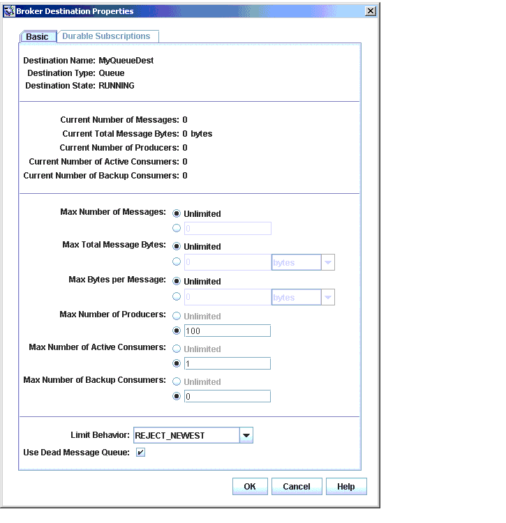 Broker Destinations Properties dialog. Buttons from left to right: OK, Cancel, Help.