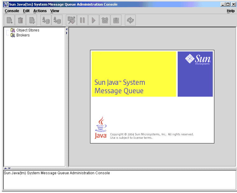 Startup screen for Sun Java System Message Queue. Treeview in left pane; contents in right pane.