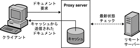 ドキュメントを要求しているクライアントとキャッシュからドキュメントを送信しているプロキシサーバーを示す図