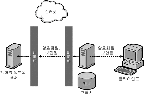 프록시에 대한 클라이언트 연결 보안 및 컨텐트 서버에 대한 프록시 연결 보안을 보여 주는 그림