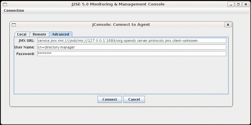 Figure shows connection screen for JConsole