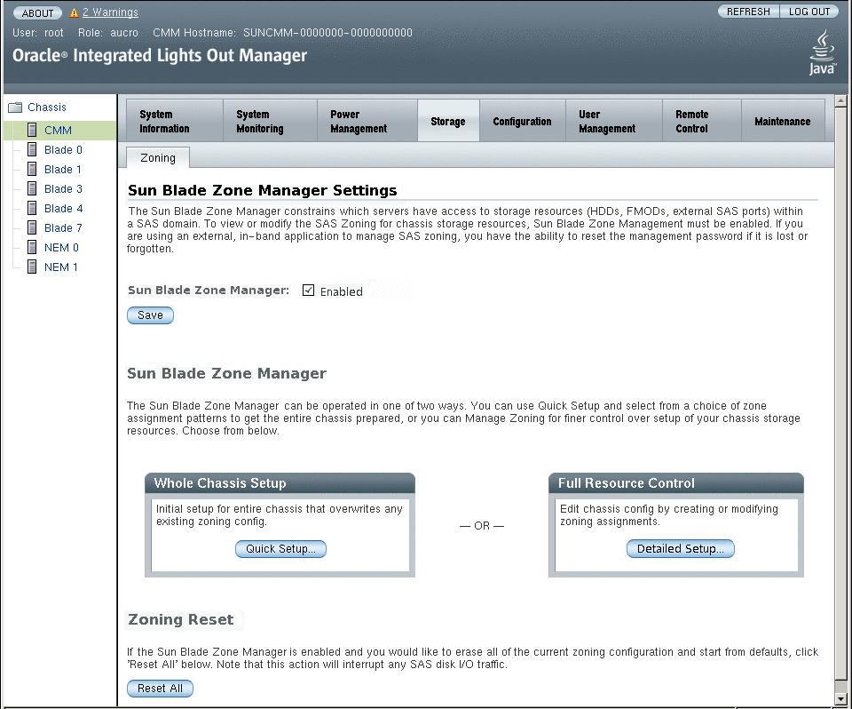 Gráfico que muestra las opciones de Sun Blade Zoning Manager.