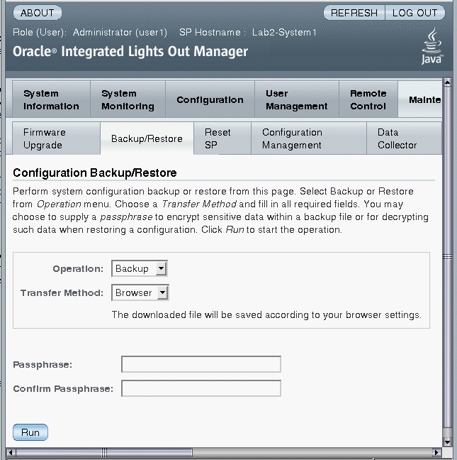 Illustration représentant la page Backup/Restore (Sauvegarde/Restauration) d'ILOM pour le CMM.