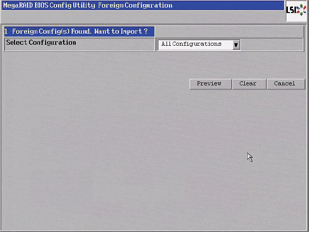 LSI MegaRAID WebBIOS Foreign Configuration 화면을 보여 주는 그림