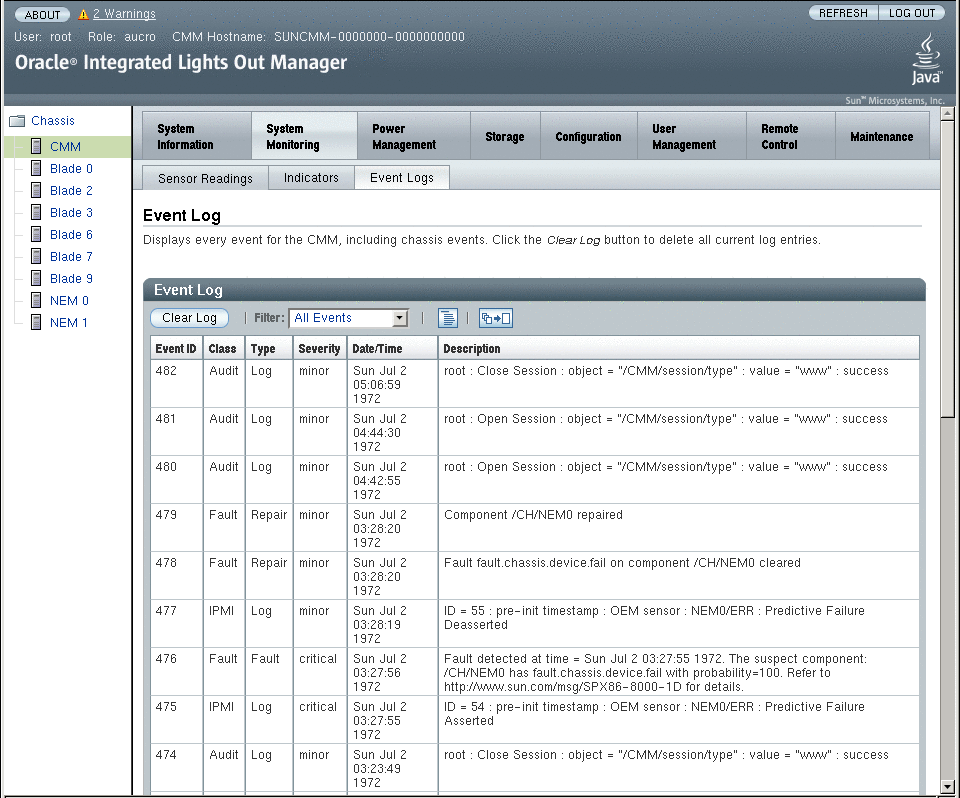 CMM ILOM 이벤트 로그 페이지를 보여 주는 그림