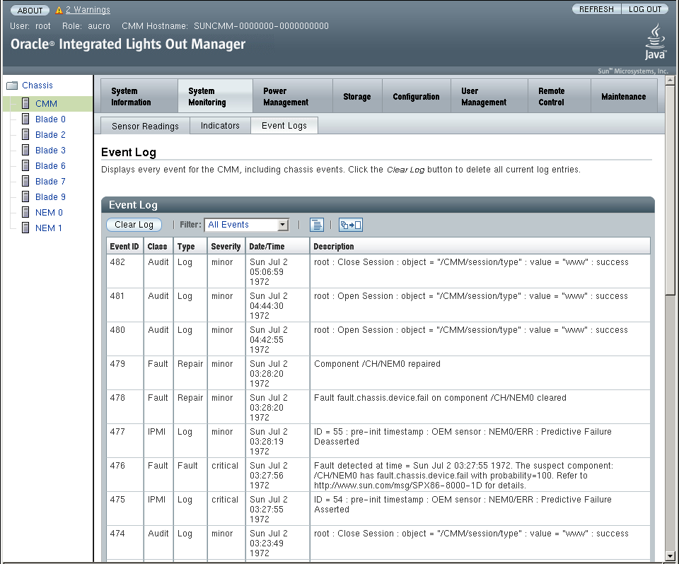 image:Graphic showing CMM ILOM event log page.