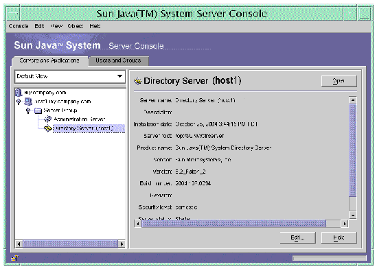 Directory Server Console with Server Group Expanded. Tabs are Servers and Applications and Users and Groups.