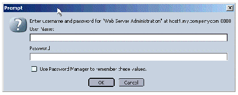Web Server Admin login prompt with no values for User Name and Password.