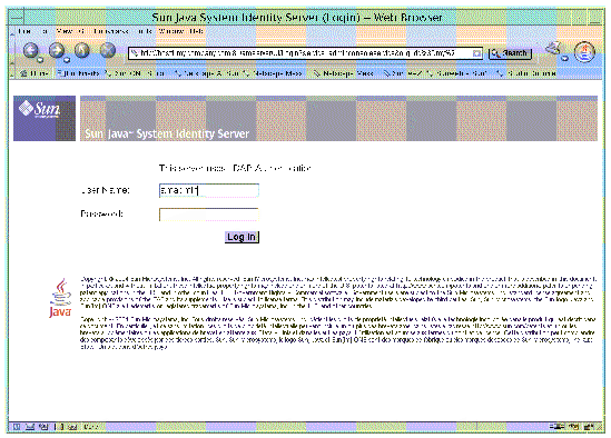 Access Manager (formerly Identity Server) login prompt with value amadmin for User Name, no value for Password. Button is Log In.