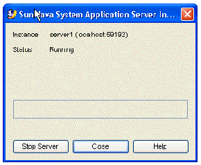 Sun Java System Application Server Instance Status window. Buttons are Stop Server, Close, and Help.