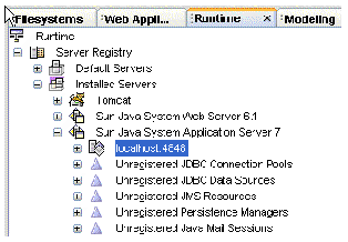 IDE's Runtime window showing localhost:4848 (new admin server instance) under Sun Java System Application Server 7 node.