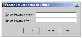 Enter Server Instance Values dialog box with no values for Server Instance Name and Server Instance Port. Buttons are OK, Cancel, and Help.