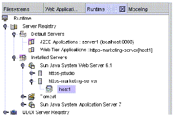 Runtime window's Server Registry showing expanded Default Server node with new instance as the Web Tier Application default.
