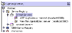 Runtime window Server Registry Default Servers node shows the default Web Tier Applications server is server1(localhost:8080).