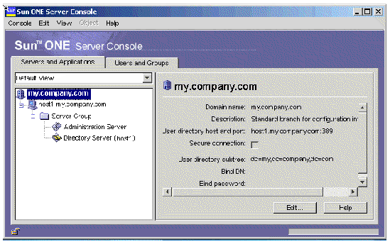 Server Console with expanded Server Group node showing Administration Server and Directory Server instance.