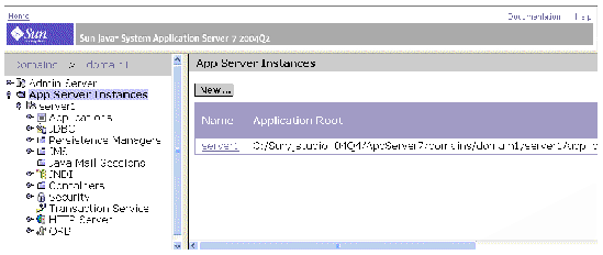 Application Server Console showing server1 instance in right-hand side.