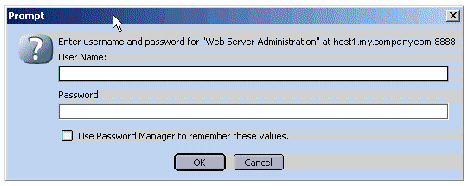 Web Server Administration log in prompt with no values for User Name and Password. Buttons are OK and Cancel.
