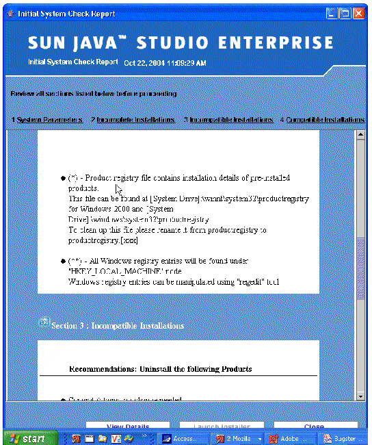 Initial System Check Report showing stale entries found the the registry files.