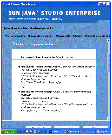 Initial System Check report showing information for one incompletely installed component product.