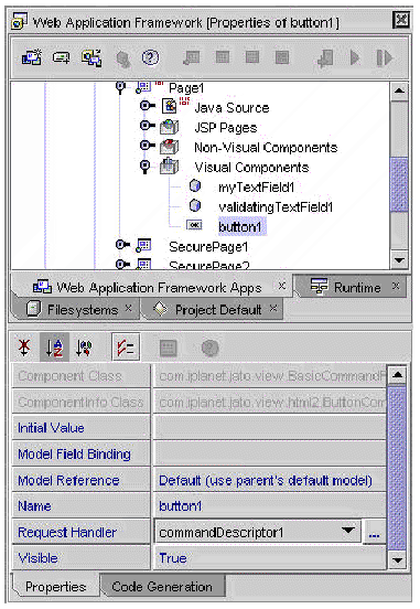 This figure shows the value of button 1's Request Handler property that now reads commandDescriptor1. 