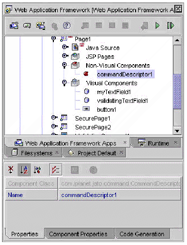 This figure shows the Non-Visual Components Explorer node with commandDescriptor1's property sheet. .