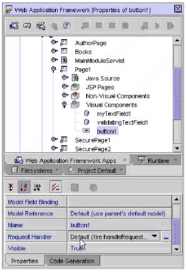 This figure shows the Properties of the button1 node in the Explorer.