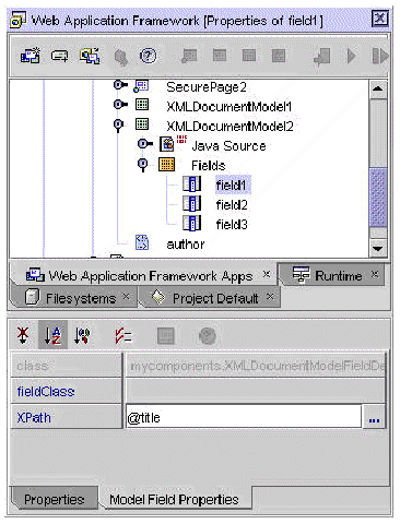 This figure shows the XMLDocumentModel2 field nodes and the Model Field Properties tab of field1.