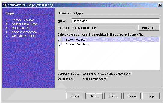 This figure shows the Select View Type panel of the New ViewBean wizard. 