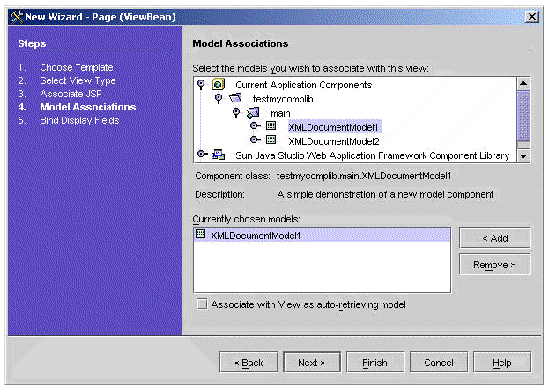 This figure shows the Model Associations panel of the New ViewBean wizard. 
