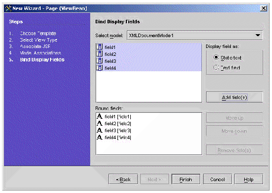 This figure shows the Bind Display Fields panel of the New ViewBean wizard. 