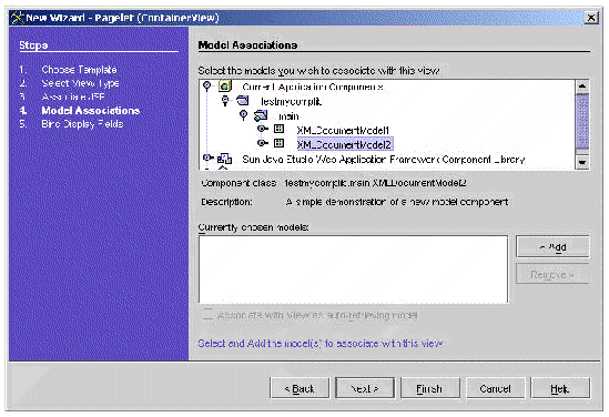 This figure shows the Model Associations panel of the New ContainerView wizard. 
