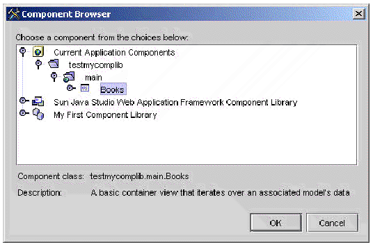 This figure shows the Component Palette with the contents of the Application Visual Components tab. This figure shows the Books node in the Component Browser. 