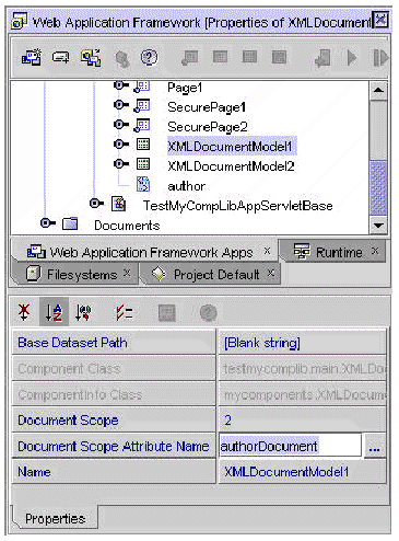 This figure shows the XMLDocumentModel1 node and its property sheet with the Document Scope Attribute Name field set to authorDocument. 