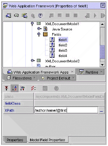 This figure shows the XMLDocumentModel1 Explorer node, with the Fields node expanded and the property sheet of the Field1 node. 