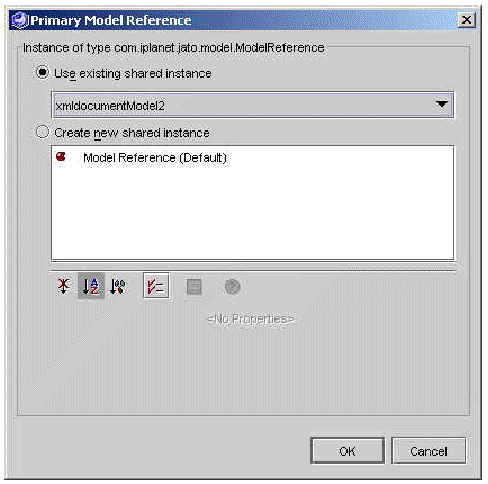 This figure shows the Dedicated ConfigurableBean editor (example property, Object Factory). This figure shows the Shared ConfigurableBean editor (example property, Model Reference). This figure shows the Shared ConfigurableBean editor displaying the "existing" shared-instance drop-down list. This figure shows the Shared ConfigurableBean editor with the "create new" shared instance selected. 