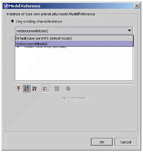 This figure shows the Dedicated ConfigurableBean editor (example property, Object Factory). This figure shows the Shared ConfigurableBean editor (example property, Model Reference). This figure shows the Shared ConfigurableBean editor displaying the "existing" shared-instance drop-down list. This figure shows the Shared ConfigurableBean editor with the "create new" shared instance selected. 