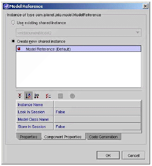 This figure shows the Dedicated ConfigurableBean editor (example property, Object Factory). This figure shows the Shared ConfigurableBean editor (example property, Model Reference). This figure shows the Shared ConfigurableBean editor displaying the "existing" shared-instance drop-down list. This figure shows the Shared ConfigurableBean editor with the "create new" shared instance selected. 
