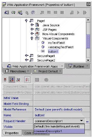 This figure shows the CommandField with CommandDescriptor property selected. This figure shows the CommandDescriptor editor with the Properties tab selected. 